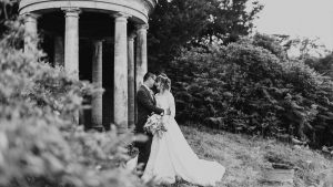 black and white bride and groom at Birdsall temple