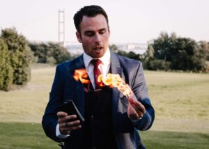 Rich Reynolds performing a fire based magic trick