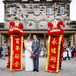 Bride and Groom with Chinese wedding decorations